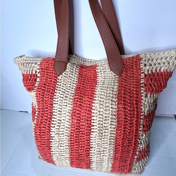 Striped Straw Tote Bag with Brown Handles - Red and Natural - Picture 2 of 5